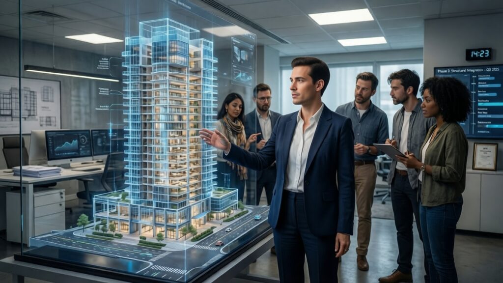 Profesional BIM liderando equipo con gestión de datos y Open BIM en oficina técnica