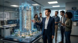 Profesional BIM liderando equipo con gestión de datos y Open BIM en oficina técnica