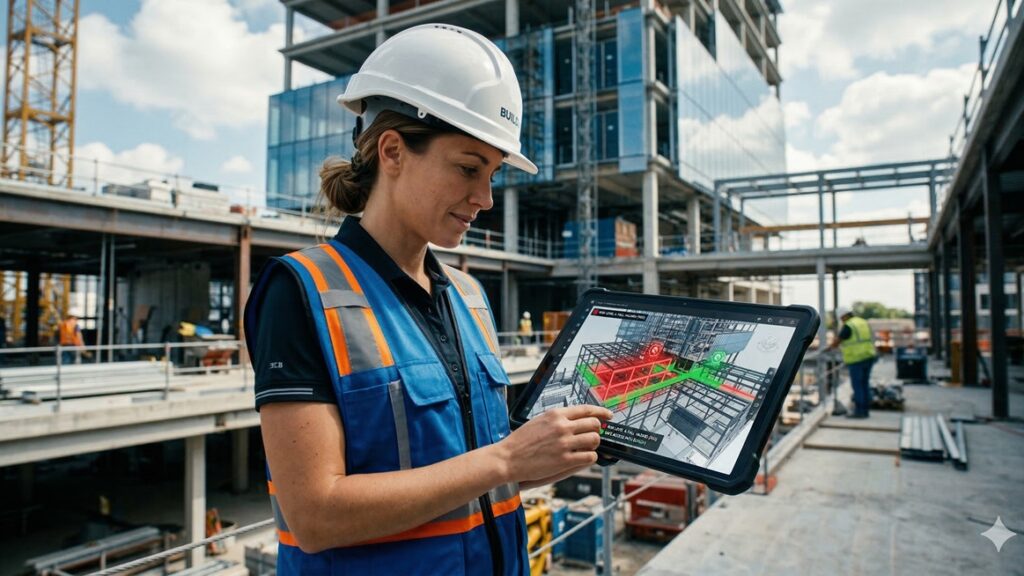 Profesional analizando riesgos de seguridad y salud en un modelo digital BIM bajo la norma ISO 19650-6.