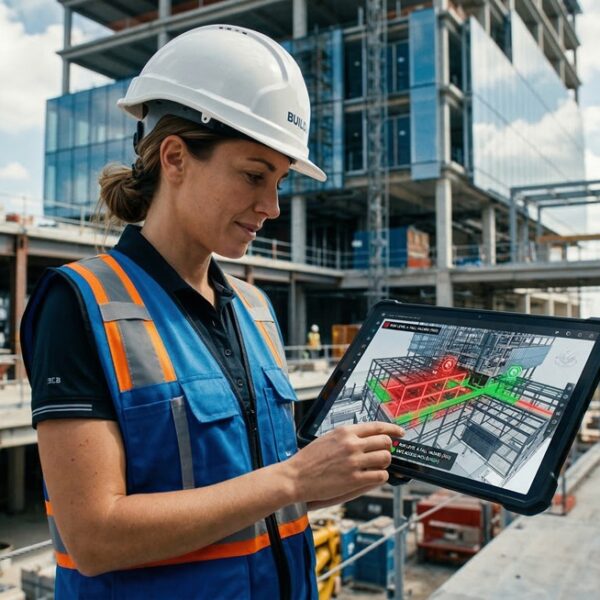 Profesional analizando riesgos de seguridad y salud en un modelo digital BIM bajo la norma ISO 19650-6.