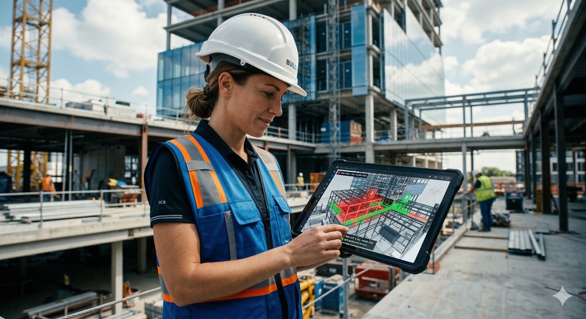 Profesional analizando riesgos de seguridad y salud en un modelo digital BIM bajo la norma ISO 19650-6.