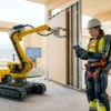 Operario con exoesqueleto y robot colaborativo trabajando de forma segura en una obra de construcción