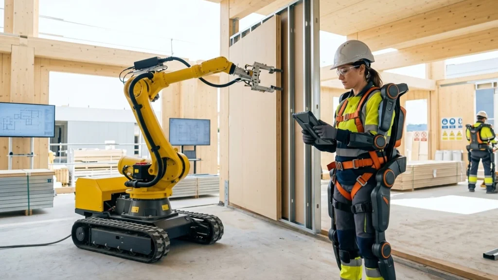 Operario con exoesqueleto y robot colaborativo trabajando de forma segura en una obra de construcción