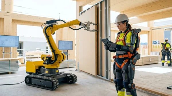 Operario con exoesqueleto y robot colaborativo trabajando de forma segura en una obra de construcción