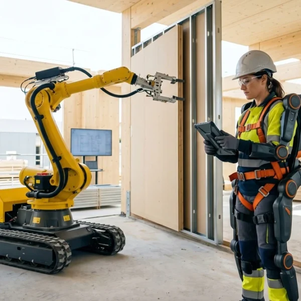 Operario con exoesqueleto y robot colaborativo trabajando de forma segura en una obra de construcción