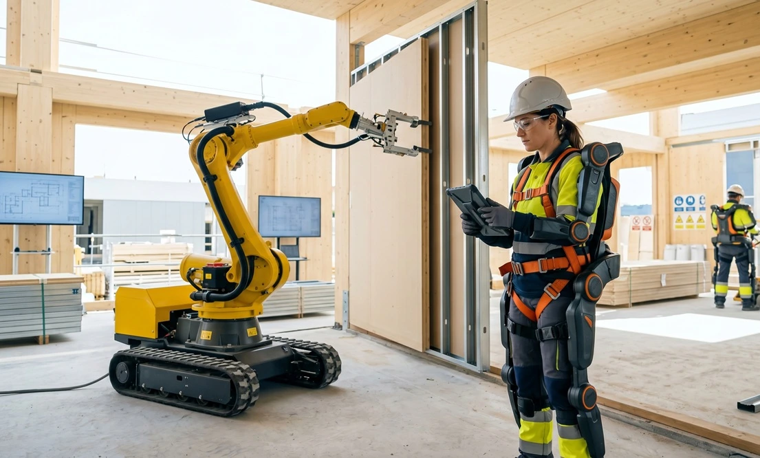 Operario con exoesqueleto y robot colaborativo trabajando de forma segura en una obra de construcción