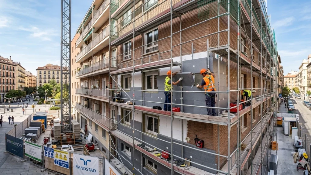 Operarios instalando aislamiento térmico en la fachada de un edificio