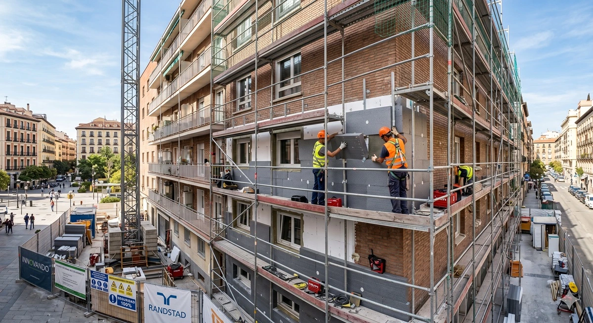 Operarios instalando aislamiento térmico en la fachada de un edificio