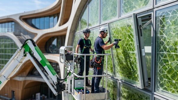 Instalación de fachadas biofotovoltaicas utilizando una plataforma elevadora articulada