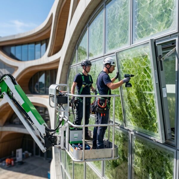 Instalación de fachadas biofotovoltaicas utilizando una plataforma elevadora articulada