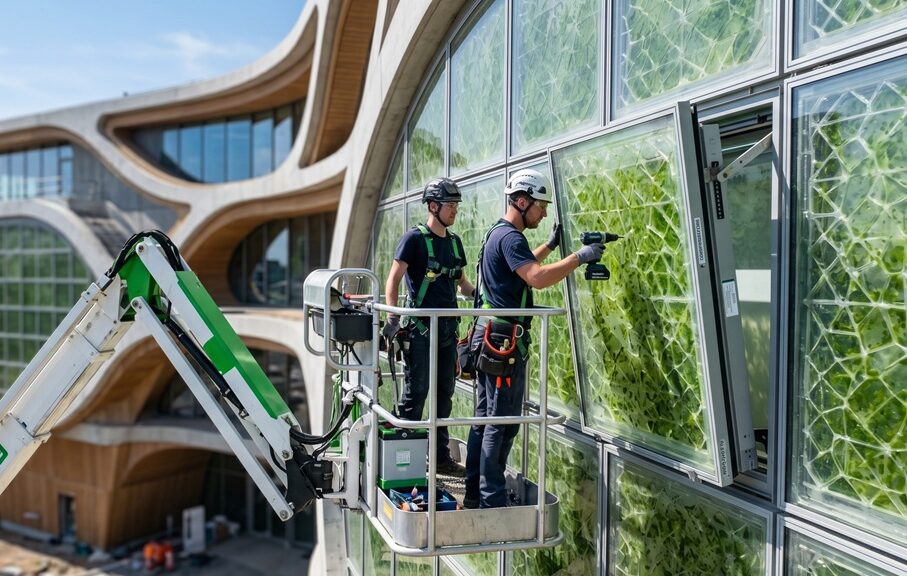 Instalación de fachadas biofotovoltaicas utilizando una plataforma elevadora articulada