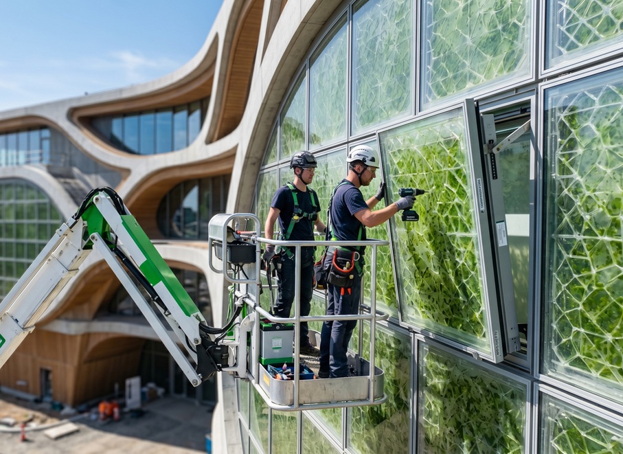 Instalación de fachadas biofotovoltaicas utilizando una plataforma elevadora articulada