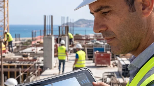 Un trabajador en una obra usa un casco con una cámara
