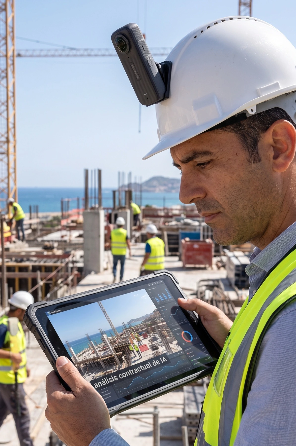 Un trabajador en una obra usa un casco con una cámara