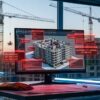 Pantalla con un modelo BIM afectado por un ciberataque dentro de una caseta de obra automatizada