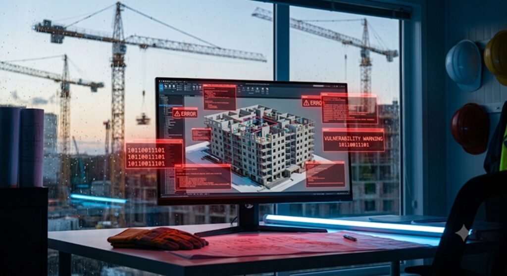 Pantalla con un modelo BIM afectado por un ciberataque dentro de una caseta de obra automatizada