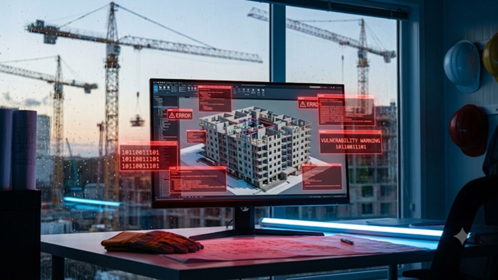 Pantalla con un modelo BIM afectado por un ciberataque dentro de una caseta de obra automatizada