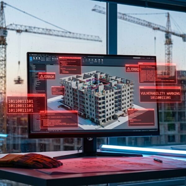 Pantalla con un modelo BIM afectado por un ciberataque dentro de una caseta de obra automatizada