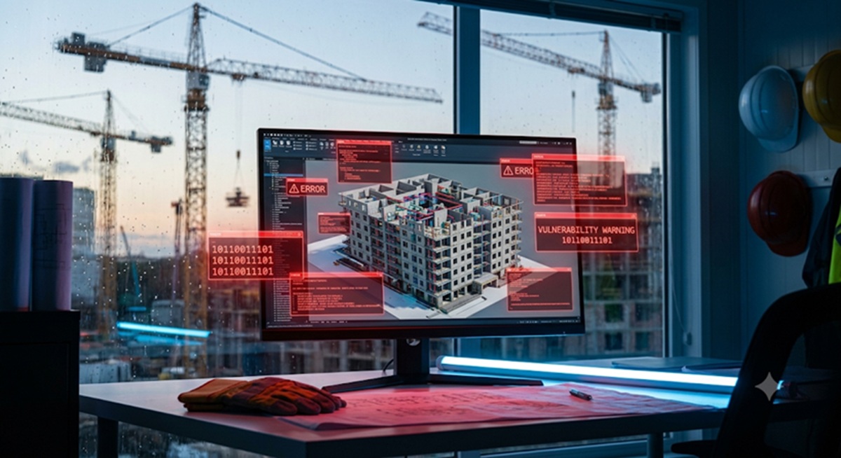 Pantalla con un modelo BIM afectado por un ciberataque dentro de una caseta de obra automatizada