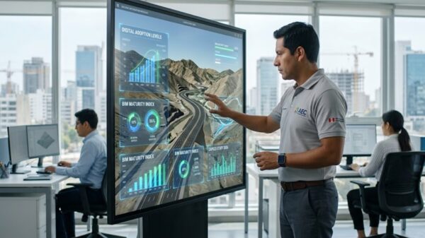 Ingeniero revisando datos de adopción BIM en un mapa digital de Perú