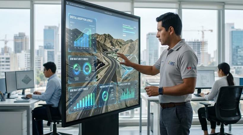 Ingeniero revisando datos de adopción BIM en un mapa digital de Perú