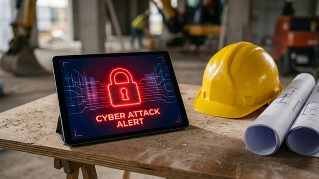 Tableta digital bloqueada por un ciberataque en una mesa de obra junto a un casco de seguridad y planos arquitectónicos