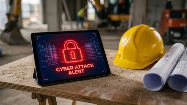 Tableta digital bloqueada por un ciberataque en una mesa de obra junto a un casco de seguridad y planos arquitectónicos