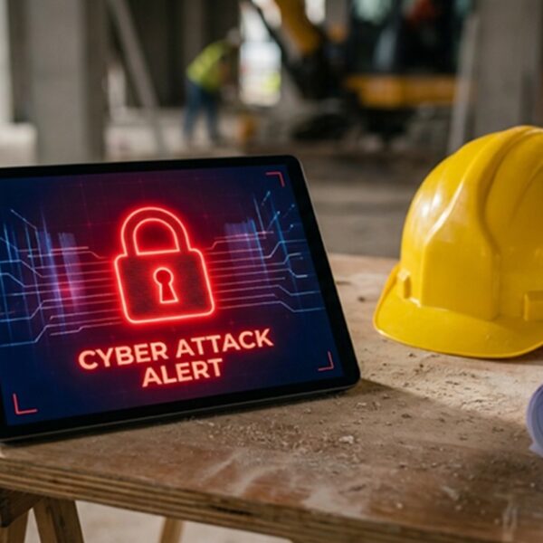 Tableta digital bloqueada por un ciberataque en una mesa de obra junto a un casco de seguridad y planos arquitectónicos