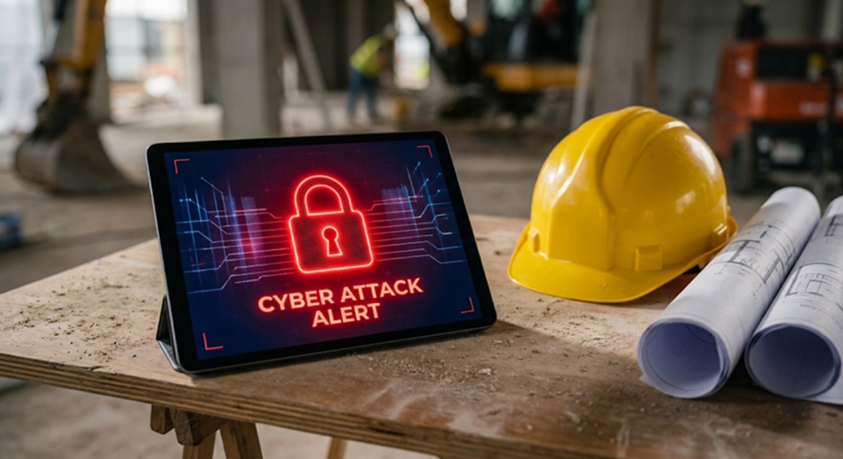 Tableta digital bloqueada por un ciberataque en una mesa de obra junto a un casco de seguridad y planos arquitectónicos