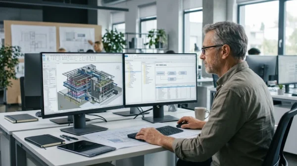 Profesional en formación BIM Manager gestionando modelos 3D y entorno común de datos en el sector AECO.
