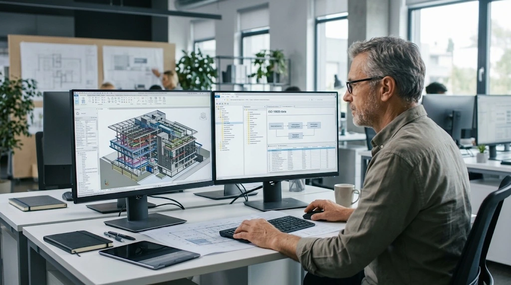 Profesional en formación BIM Manager gestionando modelos 3D y entorno común de datos en el sector AECO.